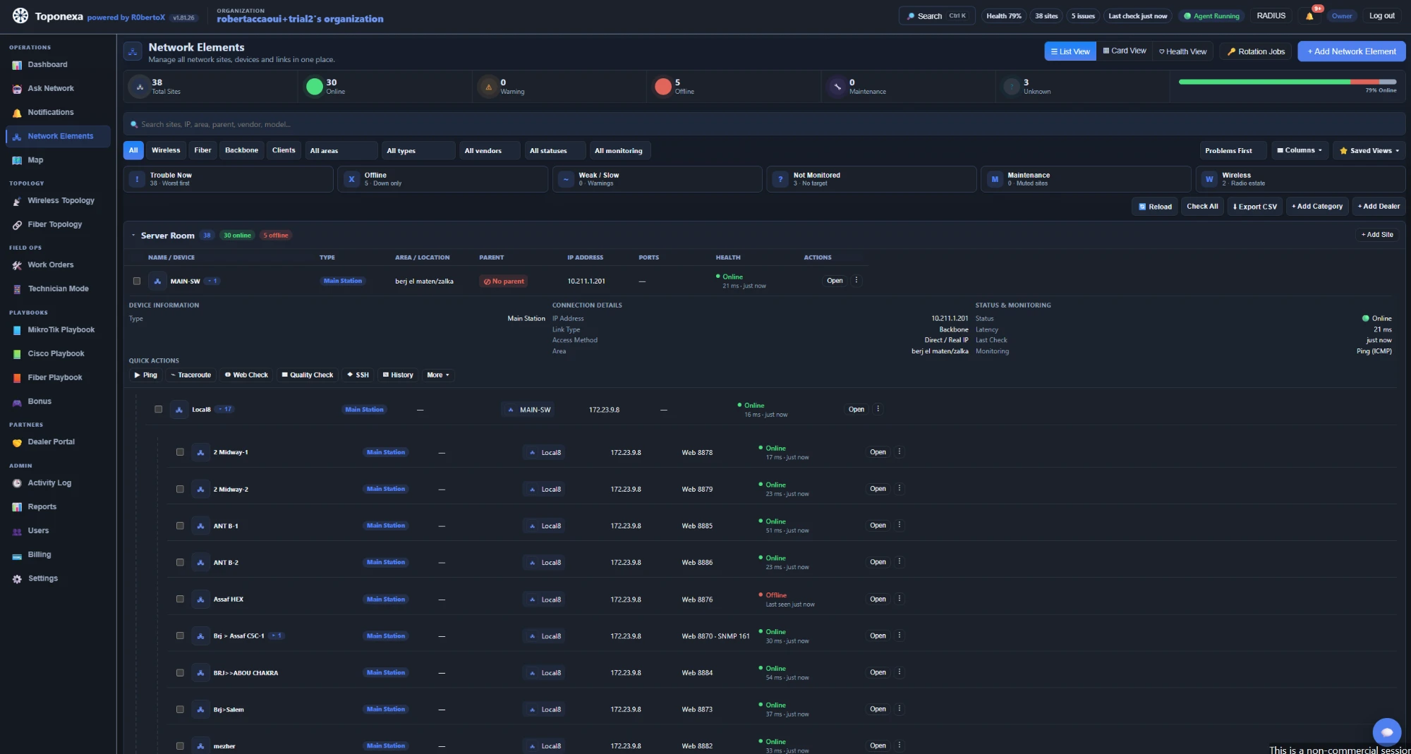 Toponexa Network Elements list with live health and quick actions