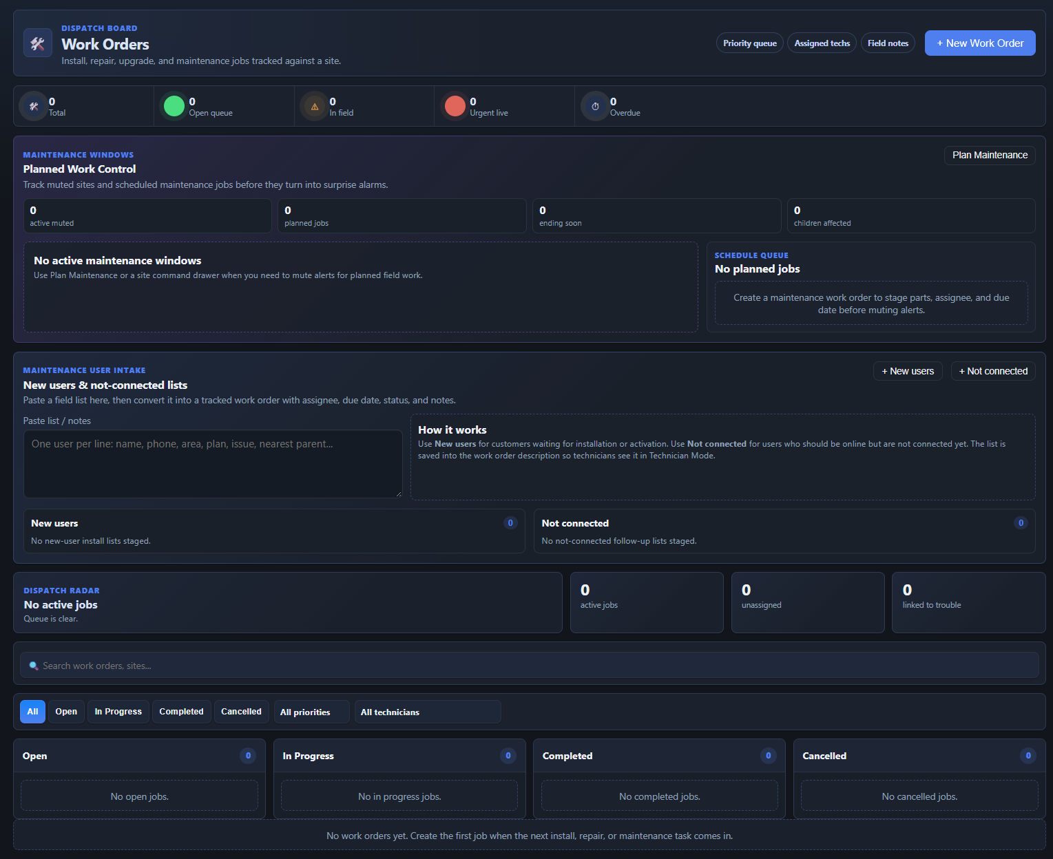 Toponexa Work Orders dispatch board with maintenance user intake